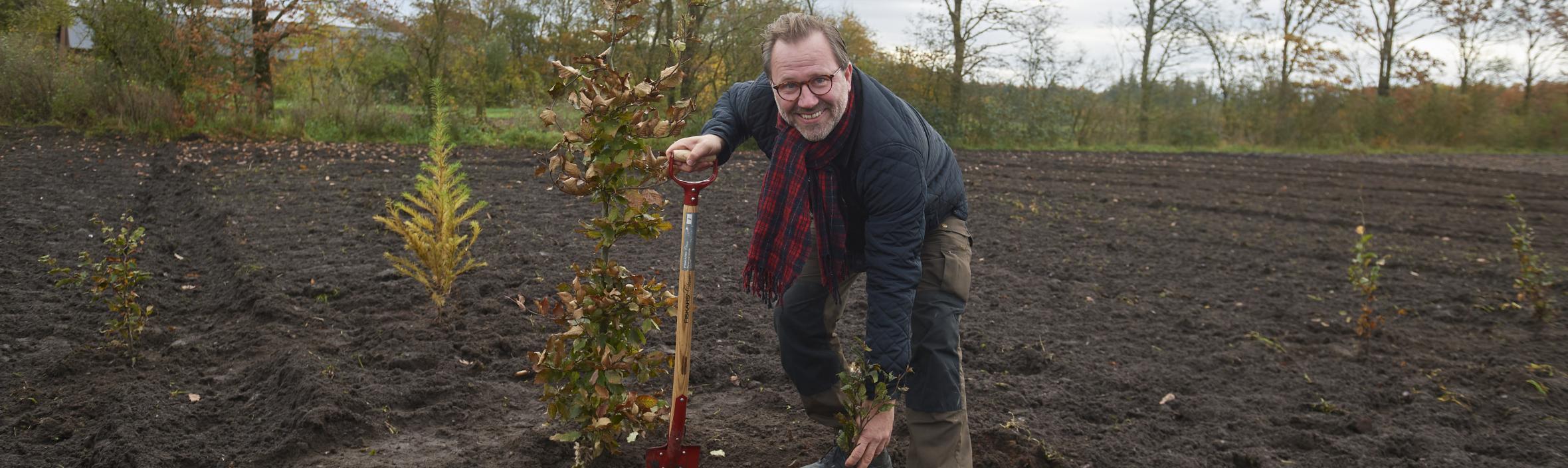 Mand planter træ på mørk jord