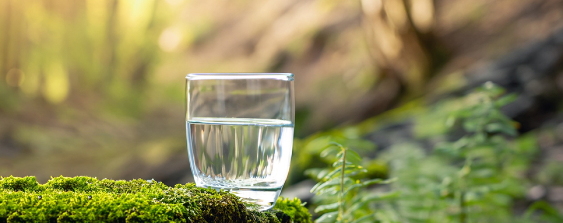 billede af et glas vand i en skov 