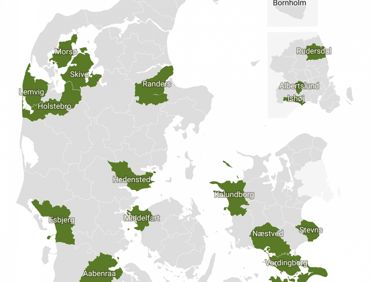 Billede af Danmarkskort med angivelse af de kommuner der har projekter