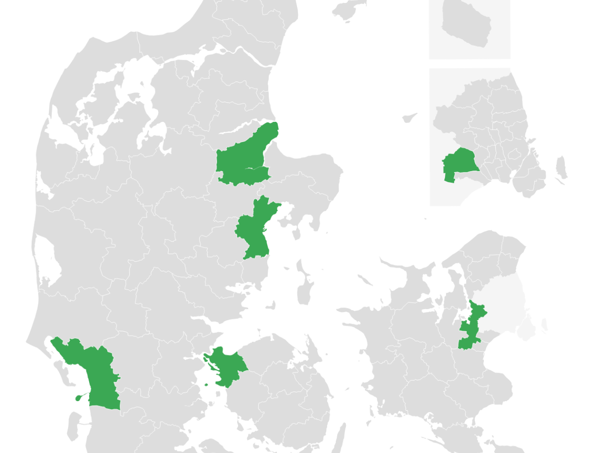 danmarkskort med de involverede kommuner markeret