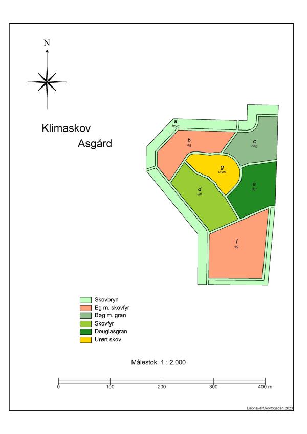 Skovkort med angivelse af forskellige typer beplantning.