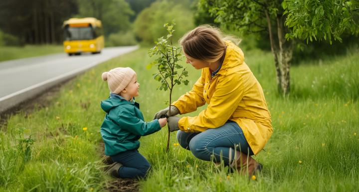 foto af mor i gul regnfrakke med barn der planter træer og en bus i baggrunden
